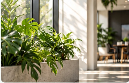 Calm workplace interior with green plants